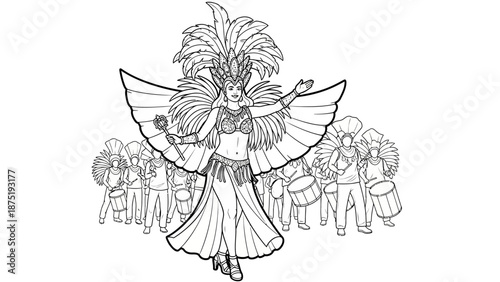 Woman Wearing Large Feathered Headdress Costume.