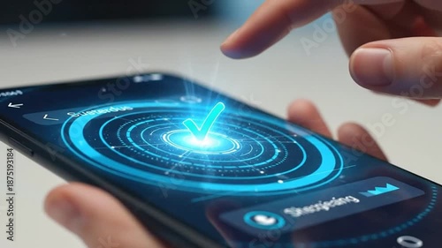 Finger touching futuristic interface on smartphone, digital technology, data visualization, AI concept