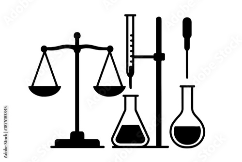 Essential lab equipment for precise chemical analysis and scientific experiments. Features a two-pan balance scale for mass, a burette with flask for titration, and a pipette for liquid measurement.