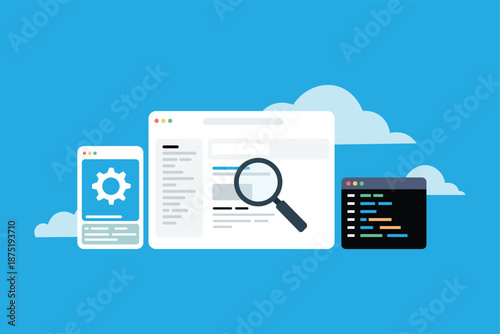 Web Development and SEO Analysis Concept Illustration with Code, Settings and Search Interface