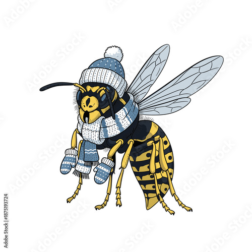 A yellow jacket wasp wearing a blue knit hat scarf and tiny matching mittens.Isolated transparent background ( include cut-out PNG file )