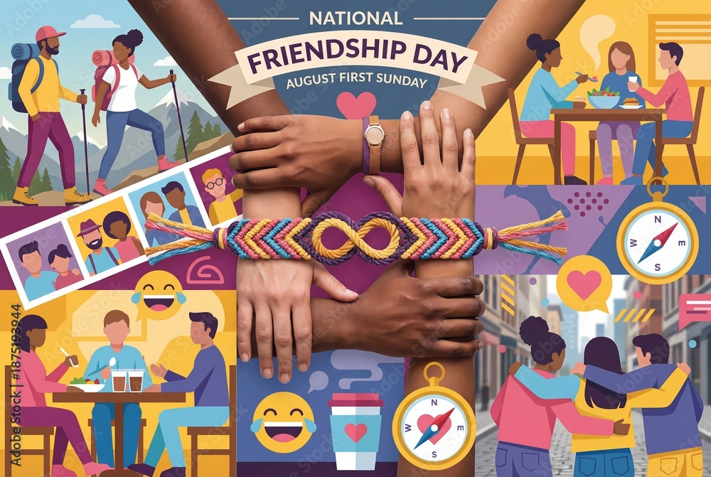 Fototapeta premium Diverse friends celebrate National Friendship Day with activities and shared moments.