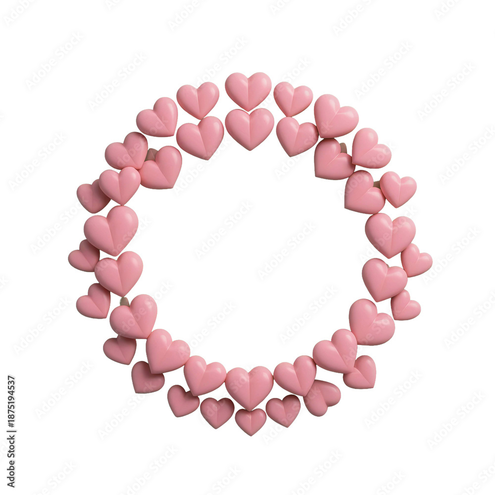 Obraz premium Circular wreath made of pink hearts isolated on transparent background, romantic love frame for valentine, wedding, greeting card and decorative design 