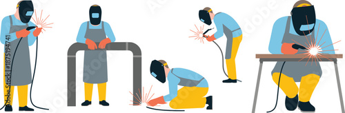 Industrial welding workers, protective gear, sparks flying, metal fabrication, vocational training, safety equipment, teamwork, construction site, skilled labor, workshop scene