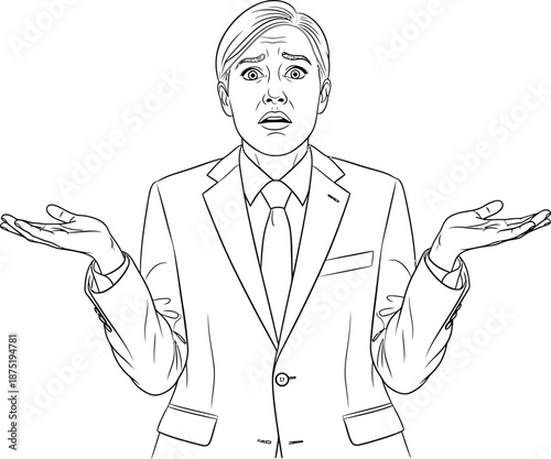 A black and white line art illustration of a confused businessman shrugging with open palms and a helpless expression.