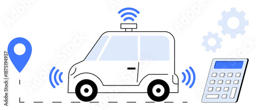 Autonomous transportation, smart city, navigation systems, technology development, wireless communication, innovation. Driverless car with GPS icon, wireless signals and calculator. Autonomous