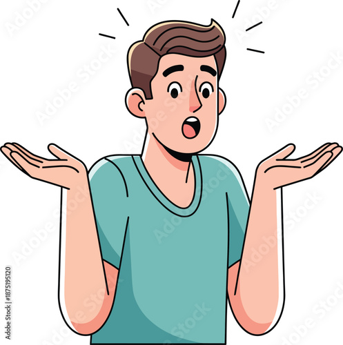 A surprised cartoon man with brown hair shrugging his shoulders expressing confusion and cluelessness.