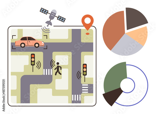 Urban planning, navigation systems, autonomous vehicles, technology analytics, traffic control, smart cities. A city map with GPS, traffic lights car pedestrian and charts. Urban planning