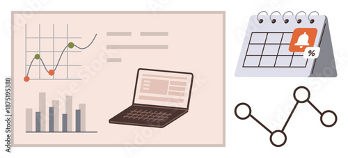 Data analysis, business strategy, scheduling, productivity, financial forecasting, timeline planning. Charts, graphs a laptop and a calendar are visible. Data analysis and business strategy