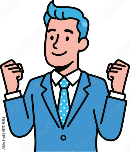 Confident cartoon businessman with blue hair and suit raising clenched fists in a power pose.