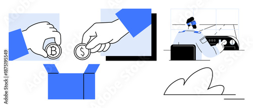 Cryptocurrency, digital finance, remote work, technology integration, business strategy, investment planning. Coins with currency symbols placed in a box and person at a control desk. Cryptocurrency