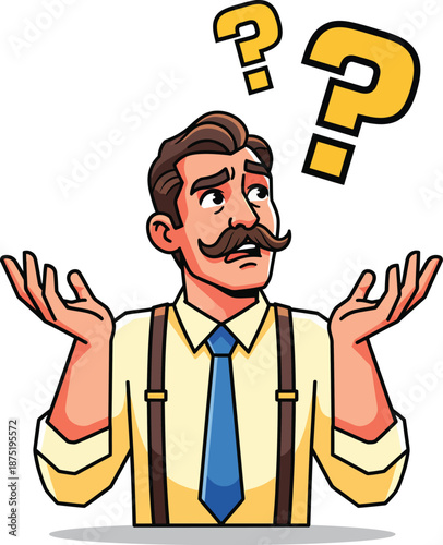 Confused cartoon man with a mustache and suspenders shrugging with question marks above his head.