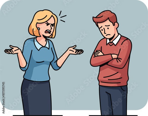 Furious blonde woman shouting at a dejected man with crossed arms during a heated argument.