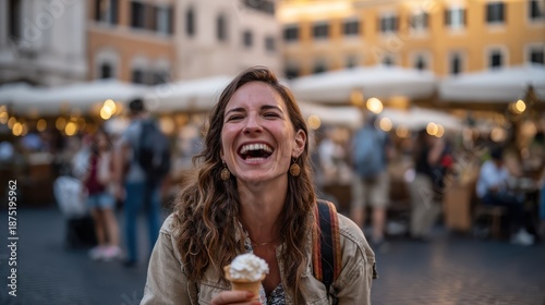 Laughing woman enjoying ice cream at outdoor market in rome joyful atmosphere candid photography