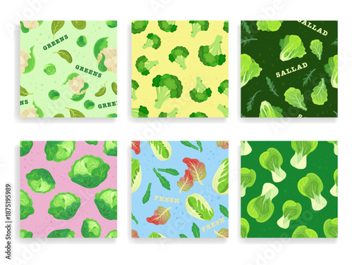 Colorful vector patterns show various greens like lettuce and broccoli arranged in different styles. The designs highlight fresh vegetables and salad elements. Perfect for food-related projects.