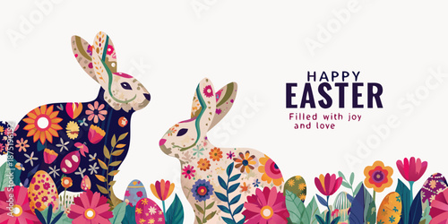 easter bunnies and flowers with happy easter message