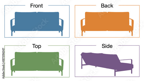 A diagram showing different views of a futon sofa bed
