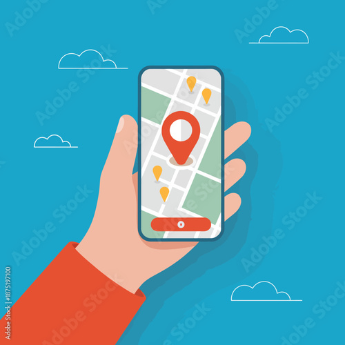 A hand is shown holding a smartphone displaying a digital map with location markers, highlighting modern navigation and connectivity in our digital age.