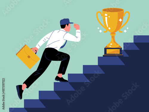 A determined businessman climbs stairs with a briefcase in hand, focused on reaching a shining trophy that symbolizes success and achievement in his career.