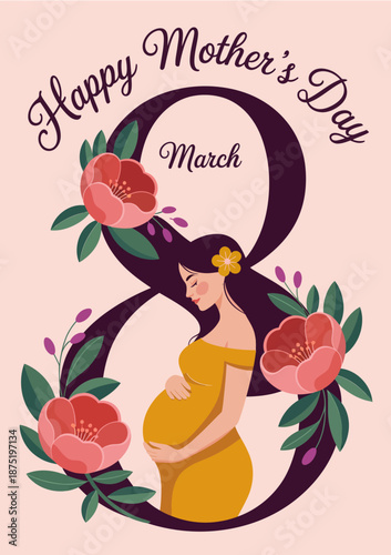 A beautifully illustrated design celebrating Mother's Day features a pregnant woman surrounded by flowers, conveying love, warmth, and appreciation for motherhood.