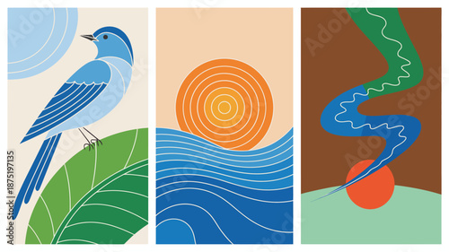 A triptych showcasing a blue bird perched on a leaf, rolling waves, and abstract sun designs, celebrating nature's beauty through minimalistic lines and vibrant colors.