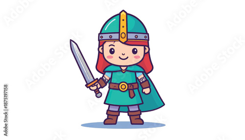 Cute Cartoon Girl Warrior with Sword and Helmet Illustration.