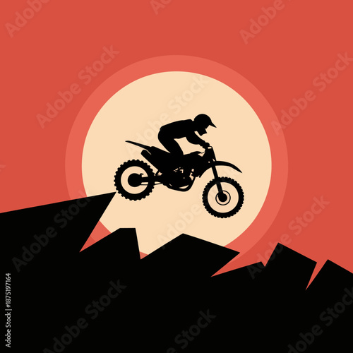 A dynamic image of a motorcyclist soaring through the air, silhouetted by a vibrant sunset. Perfectly captures the thrill of dirt biking and the allure of adventure.