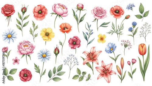 Flowers watercolor illustration.Manual composition.Big Set watercolor elements.