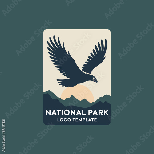 A striking graphic of an eagle soaring above stylized mountains and a sunset in the background, symbolizing freedom and the beauty of nature in national parks.