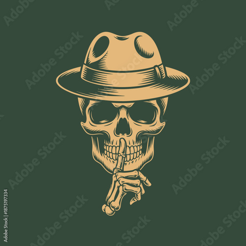 An intriguing illustration of a skull wearing a hat with a finger to its lips, creating a mysterious and edgy tone, inviting curiosity and contemplation in modern graphic design.