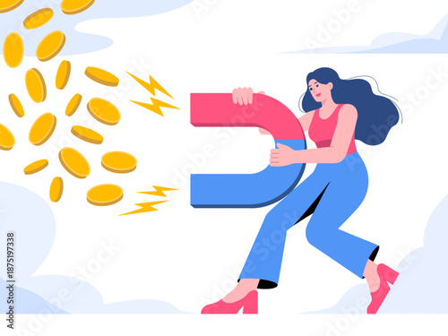 A woman energetically holds a large magnet, showcasing her ability to attract coins, representing attraction, wealth generation, and the power of positive thinking in financial endeavors.