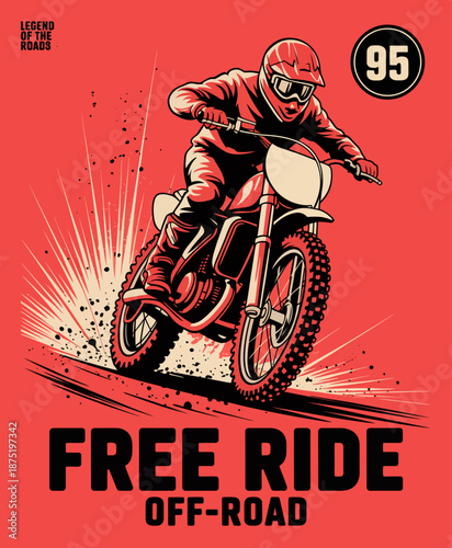 An energetic illustration of a motocross rider speeding through rough terrain, showcasing adventure, excitement, and the thrill of off-road riding in action-packed sports.