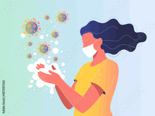 An illustration depicting a person washing their hands with soap while wearing a mask, representing hygiene and safety measures during health crises like pandemics.