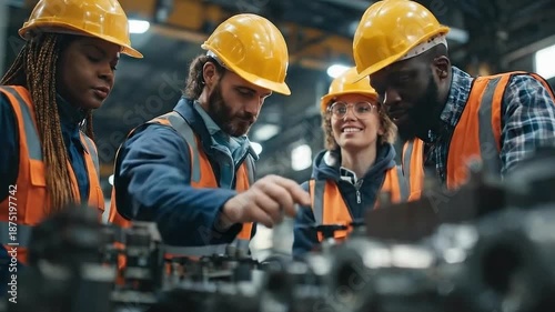 Collaborative Team Inspecting Machinery in Industrial Setting with Safety Gear and Focused Expressions
