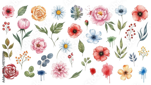 Wallpaper Mural Flowers watercolor illustration.Manual composition.Big Set watercolor elements. Torontodigital.ca