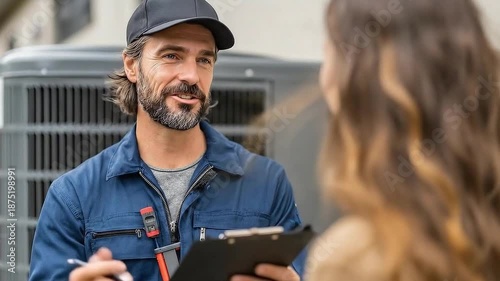 Friendly technician discussing service details with customer outdoors in front of air conditioning unit