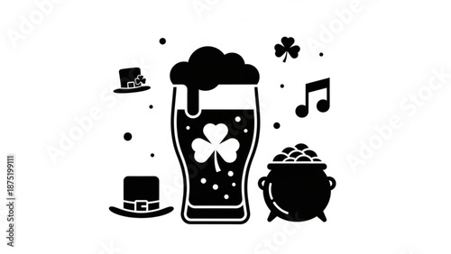 St Patricks Day icons beer glass with shamrock pot of gold and music notes flat vector illustration for celebrati