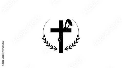Christian cross with bunny ears and laurel wreath Easter concept minimalist vector illustration