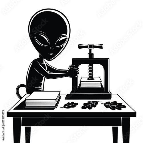 Alien using a cookie press on a table with cookies