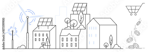 Renewable energy, eco-friendly living, green economy, sustainable growth, environmental awareness, modern cities. Buildings with solar panels and wind turbines, shopping cart with coins. Renewable