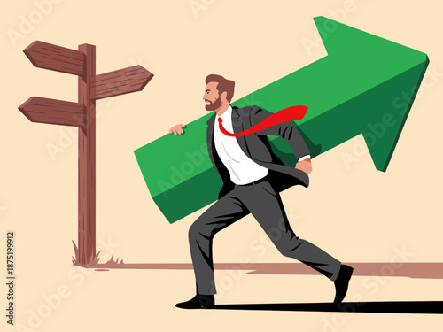 This dynamic image portrays a businessman carrying a large upward arrow, representing ambition, growth, and determination in the pursuit of success in a professional environment.