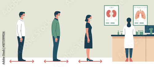 This image illustrates individuals practicing social distancing in a health environment, highlighting the importance of safety and hygiene in public health during challenging times.