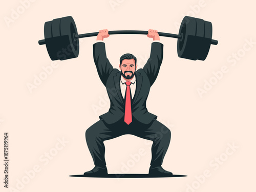 A man in a business suit is lifting a heavy barbell overhead, combining the concepts of physical strength and professional ambition, depicting a unique balance between fitness and career.