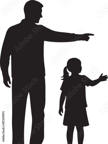 Silhouette of a man scolding a little girl standing