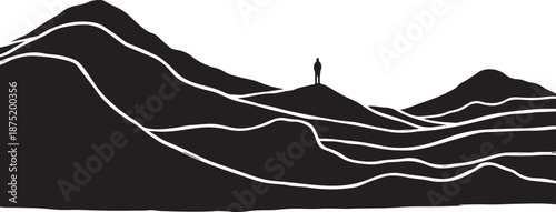 Minimalist illustration of a person standing on mountain peak