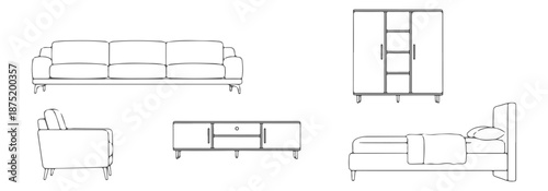 Professional Architectural Side View Furniture CAD Blocks - Modern Sofa Chair and Bed Technical Elevation Collection