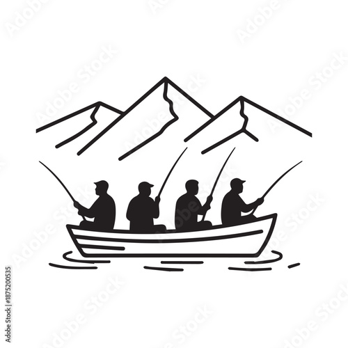 Four Fishermen in a Rowboat on a Calm Lake with Mountain Backdrop.