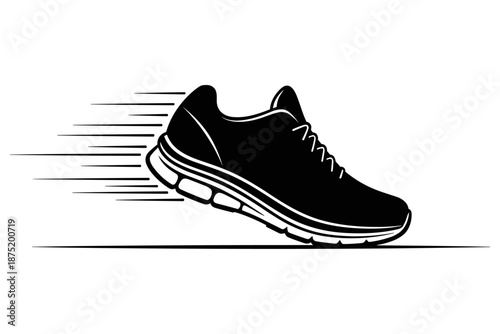 Dynamic black athletic running shoe with prominent speed lines, symbolizing rapid movement, fitness, and an active lifestyle, perfect for sports and exercise concepts and graphic design elements