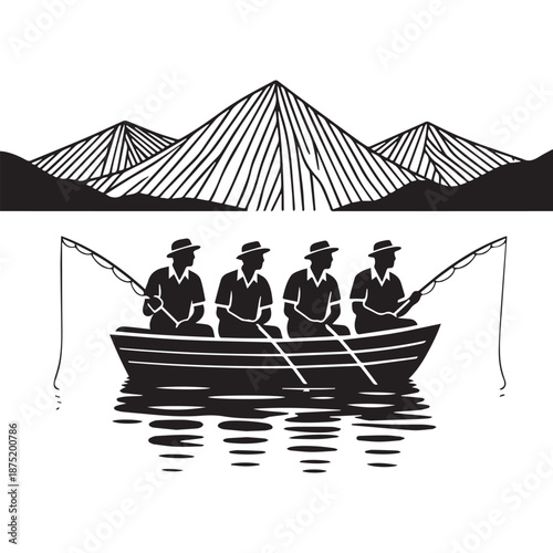 Four Fishermen in a Rowboat on a Calm Lake with Mountain Backdrop.