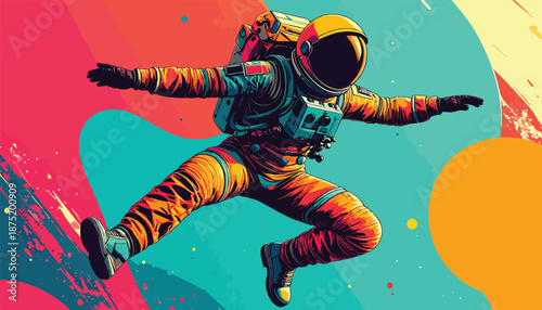 Astronaut in Colorful Space Art, Floating with Arms Extended.
